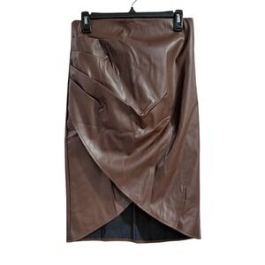 Micas Womens Brown Faux Leather Midi Skirt Ruched Wrap Front Pencil Skirt Size M
